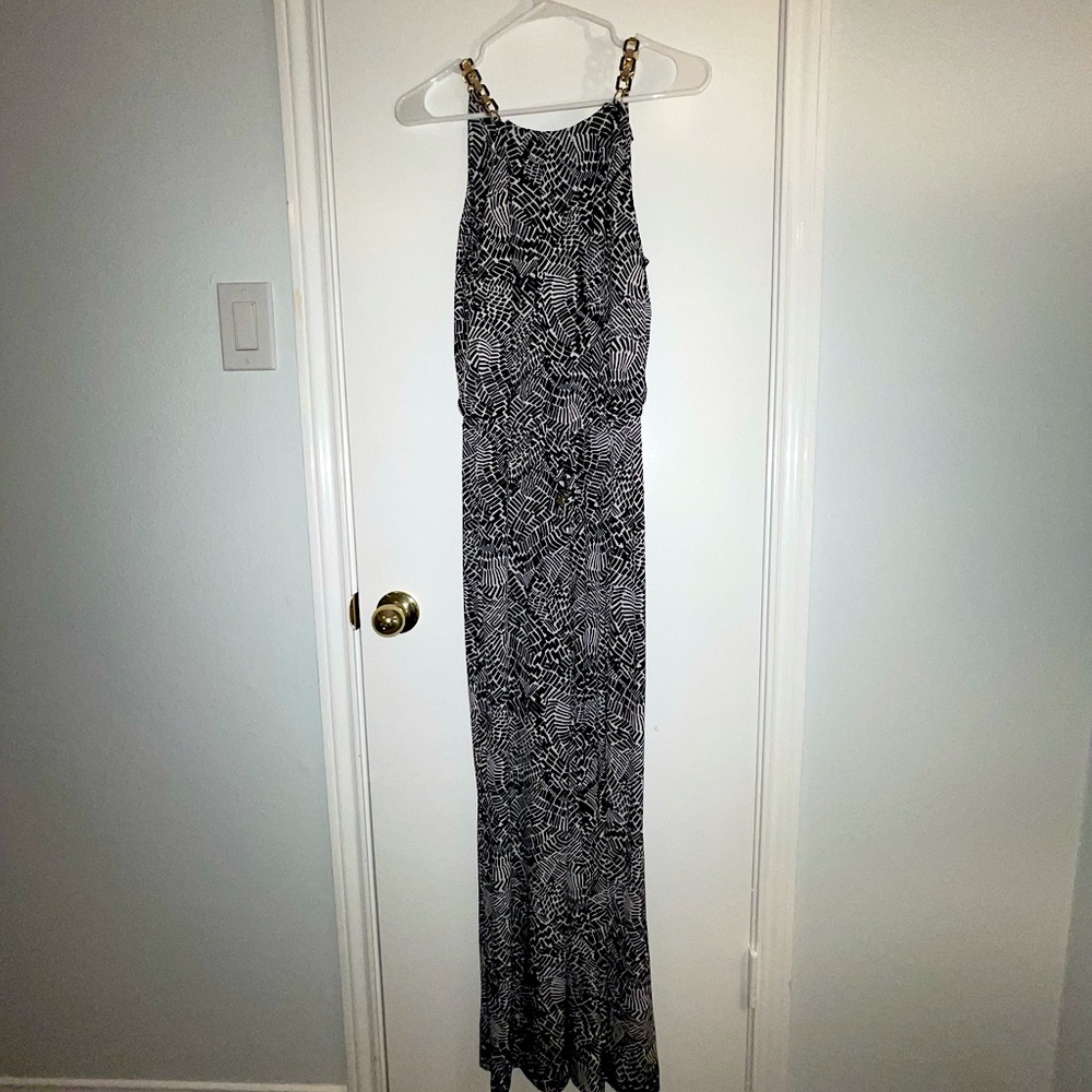Black & white pattern pant jumpsuit w/ gold detail